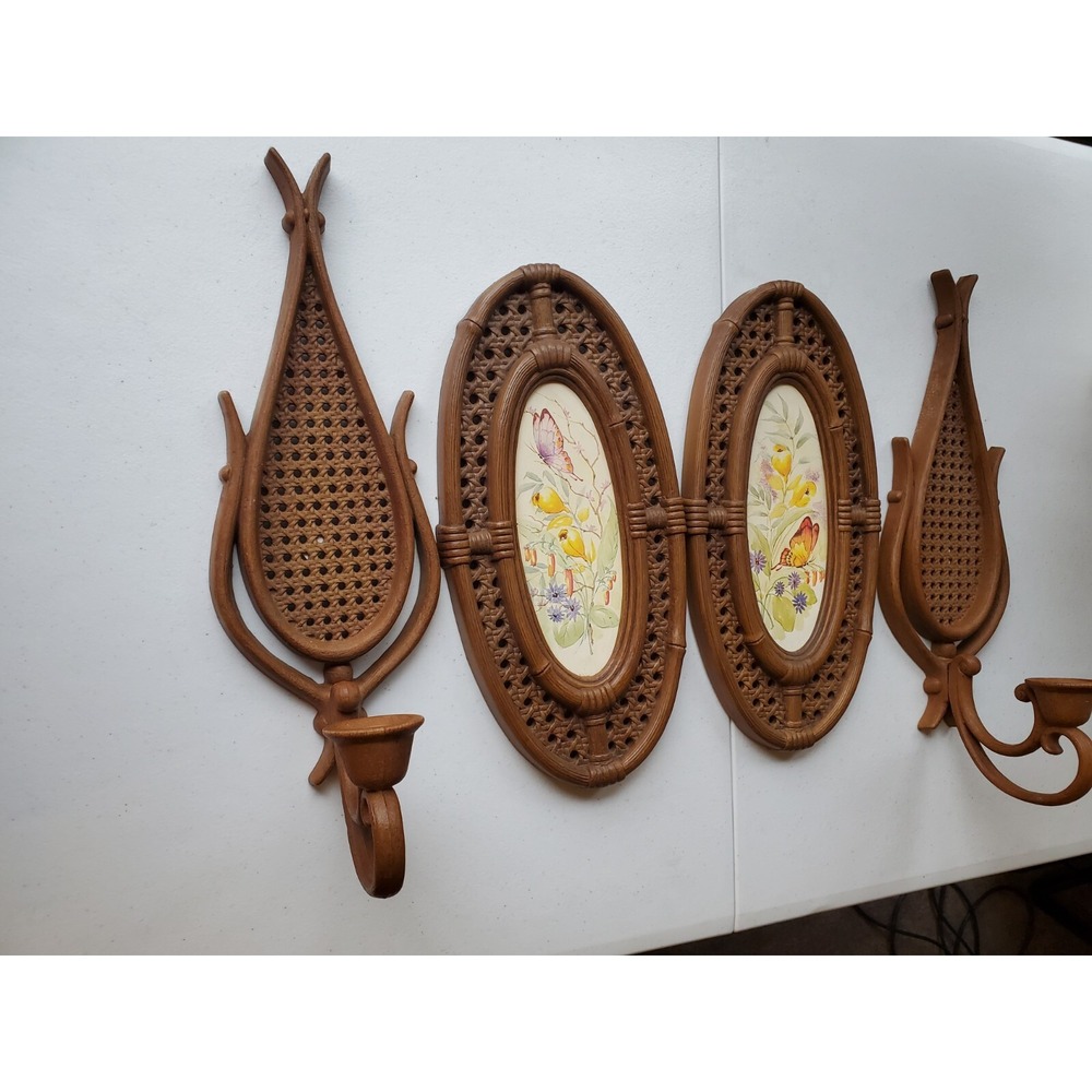 Homco Rattan Wicker 2 Teardrop Wall Candle Holders & 2 Picture 1980s